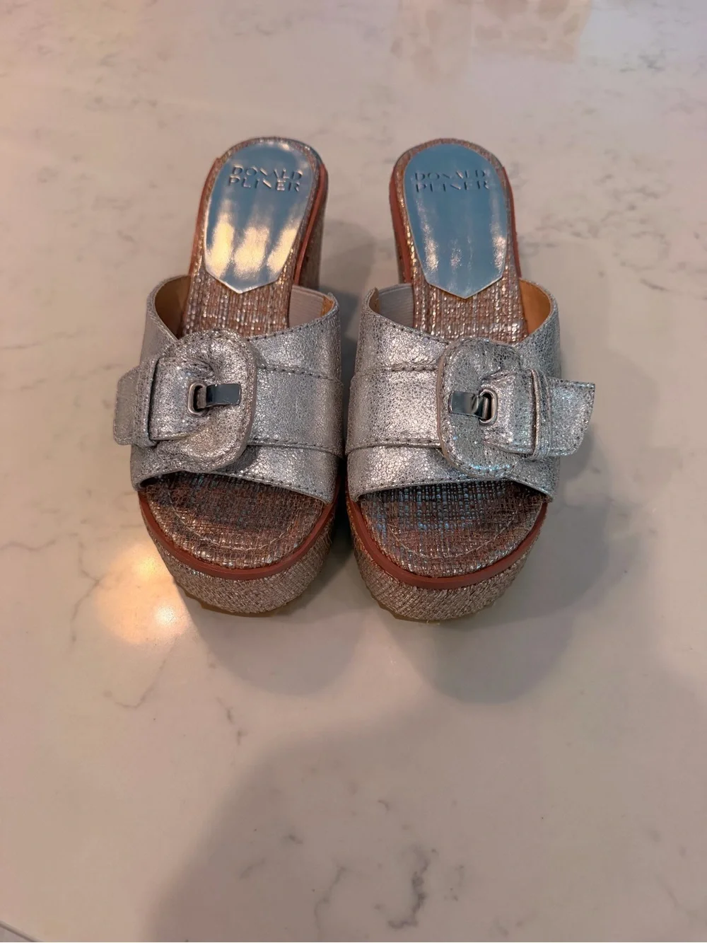Donald J. Pliner Silver Metallic Buckle Wedge Sandals